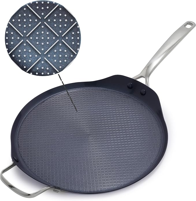 Blue Diamond Hybrid 12" Stainless Steel Nonstick XL Griddle Pan | PFAS-Free Ceramic Nonstick Round Skillet, Induction & All Cooktop Ready, Dishwasher and Oven Safe, Metal Utensil Safe
