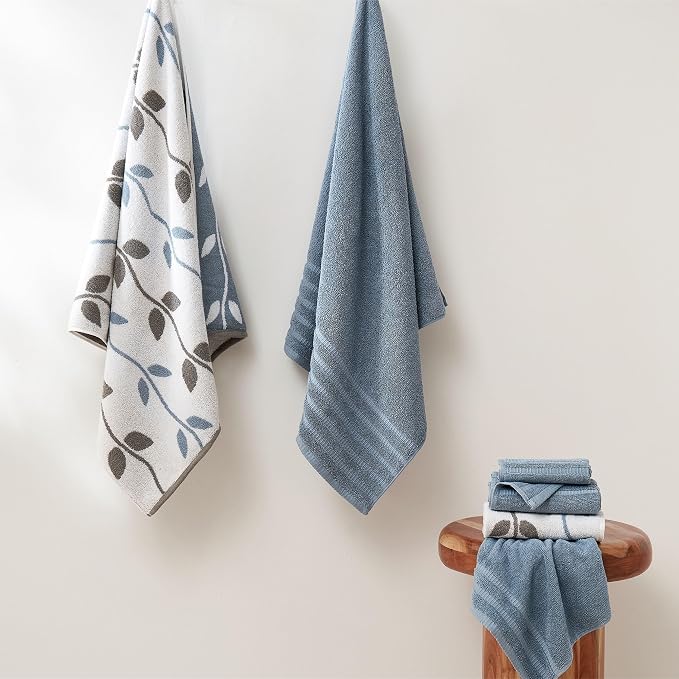 Modern Threads 6 Piece Bath Towel Set – Bathroom Set with 2 Bath Towels, 2 Hand Towels, and 2 Wash Cloths – 100% Cotton, Super Absorbent & Extra Soft – Reversible Natural Vine (Blue)