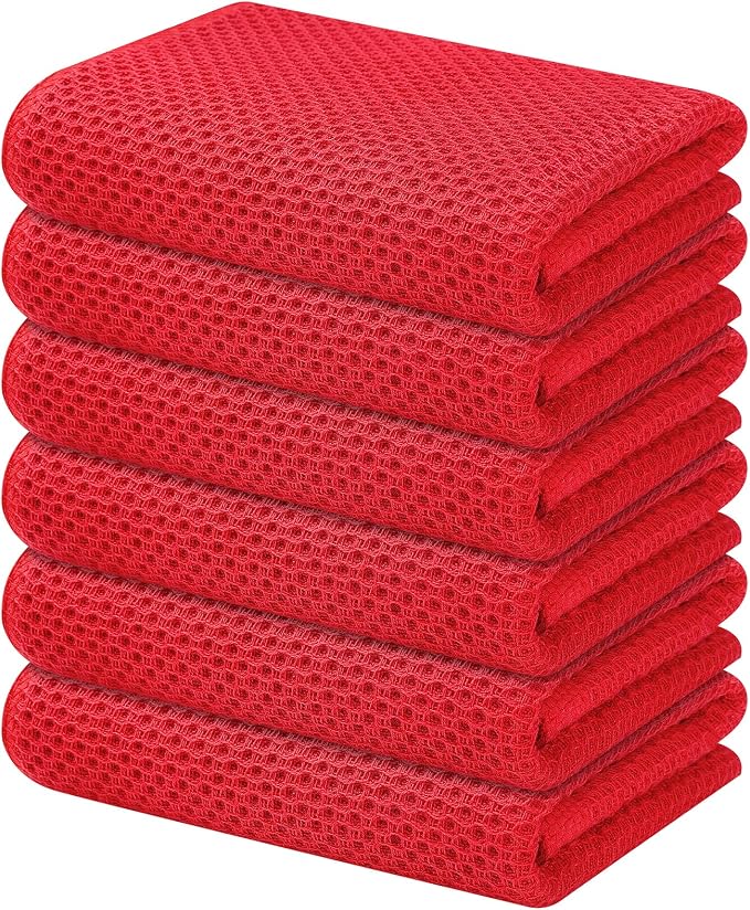 Kitinjoy 100% Cotton Waffle 6-Pack Kitchen Towels, 13" x 28", Red | Super Soft, Ultra-Absorbent, Fast Drying, lightweight, Quick Drying Kitchen Hand Towels