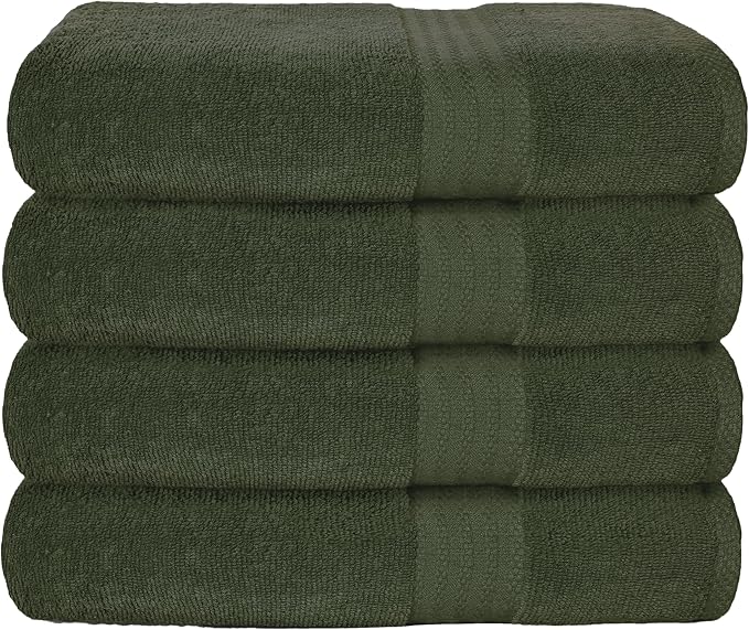 GLAMBURG Premium Cotton 4 Pack Bath Towel Set - 100% Pure Cotton - 4 Bath Towels 27x54 - Ideal for Everyday use - Ultra Soft & Highly Absorbent - Olive Green