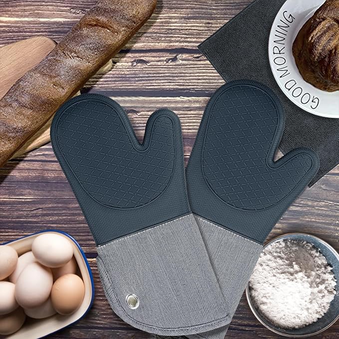 Professional Microwave Silicone Oven Mitts one Pair, Kitchen Mitten Set | Heat Resistant with 500 Degrees Oven Gloves Pot Holder for BBQ Cooking Baking (Gray)