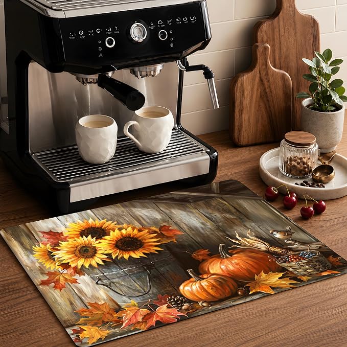 Fall Pumpkin Sunflower Stove Top Cover 28.3 x 20.5 Inch, Rustic Farmhouse Glass Cooktop Protector Mat, Autumn Harvest Electric Range Cover for Kitchen Counter Decor(Orange Sunflower)