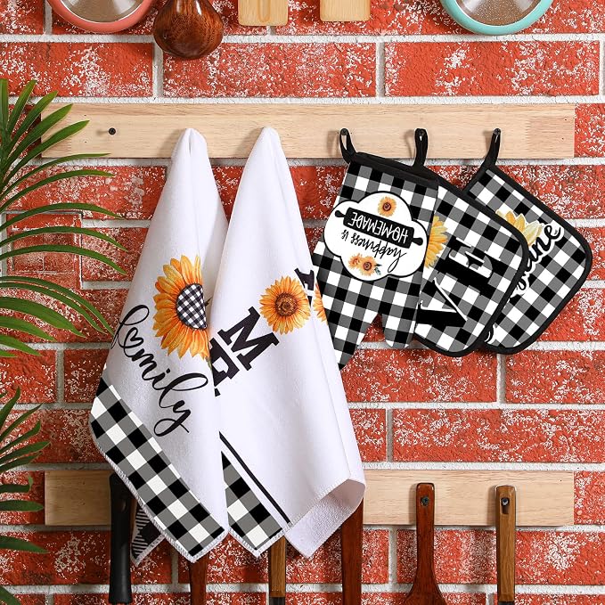 5 Pcs Buffalo Plaid Kitchen Towels Oven Mitts and Pot Holder Set,Sunflower | Sunflower Checkered Kitchen Decor, Black White Kitchen Towel Oven Glove, Sunflower Farm House Accessory Decor, High Quality