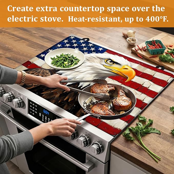 Electric Stove Top Cover,Bald Eagle Stove Cover for Glass Top Electric Stove,American Flag Heat Resistant Flat Top Stove Mat Countertop Protector, 28 x 20 Inch