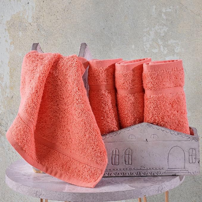 Hawmam Linen Luxury Cotton Washcloths 13x13 Inch - Large Hotel Spa Bathroom Face Towel | 12 Pack | Coral Orange