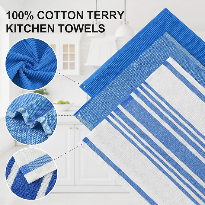 Homaxy Cotton 380 GSM Premium Kitchen Towels, 18"x 28", 6 Pack, Blueberry | Soft and Absorbent Terry Dish Towels, Multipurpose Tea Towel Set with Hanging Loop, 3 Styles Kitchen Hand Towels