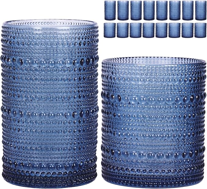 Moretoes Blue Hobnail Drinking Glasses Set of 16,Glass Cups | 12 Oz Highball Glasses & 10 Oz Cocktail Glasses, Kitchen Bar Tumbler Glassware Set for Whiskey, Beer, Juice, Milk