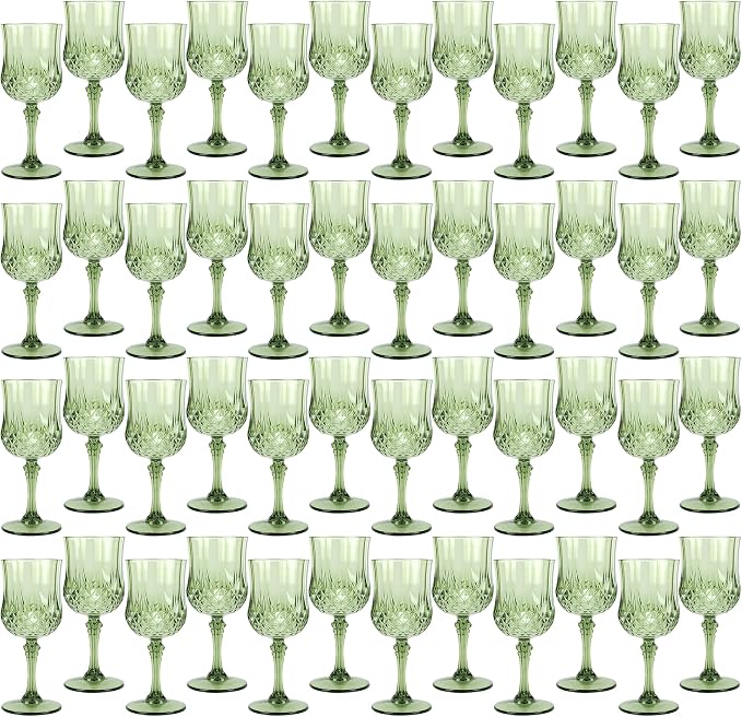 48Pack Plastic Wine Glasses, 7oz Vintage Goblets for Wedding | Unbreakable Crystal Style Reusable Stemware, Elegant New Green Drinking Glass for Party Anniversary & Holiday Celebration