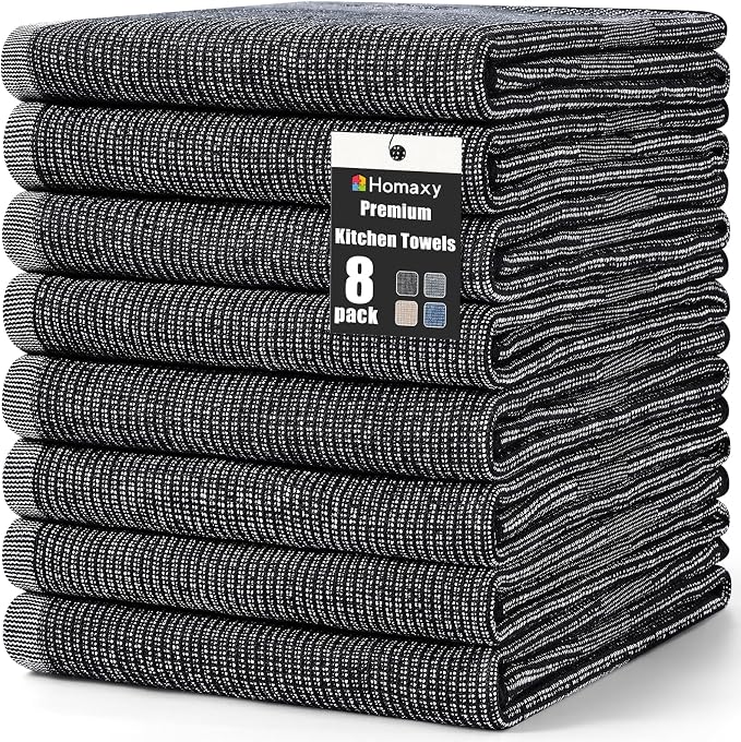 Homaxy 380 GSM Cotton Premium Kitchen Towels 8 Pack, 18"x 28", Black | Flat and Terry Dish Towels, Highly Absorbent Tea Towel Set with Hanging Loop, Soft Utility Kitchen Hand Towels