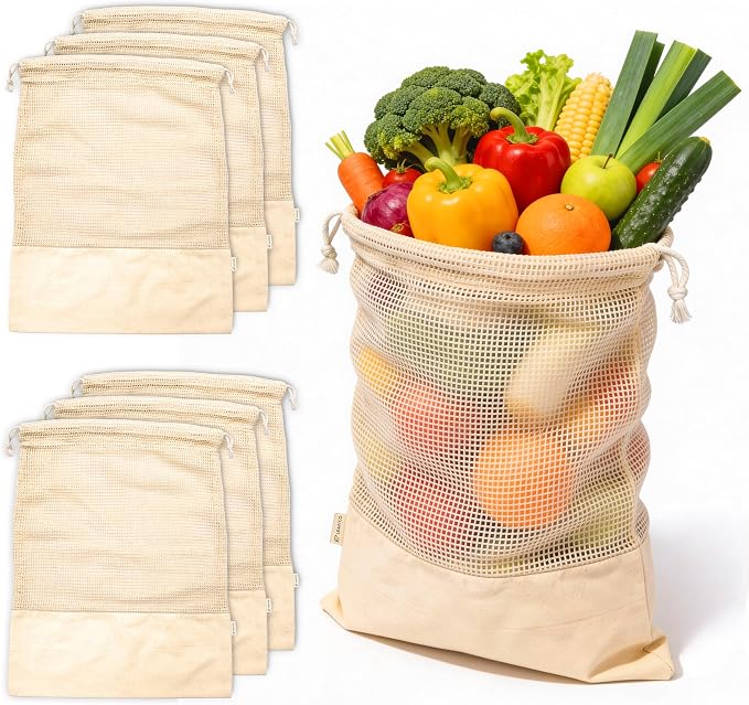 Reusable Produce Bags – 100% Cotton Mesh & Solid Hybrid (XL 14x18 inch 6 Pcs) – Extra Large Bags for Potatoes, Laundry, Toys, Bulk Storage – Washable, Plastic-Free, Breathable, Zero Waste