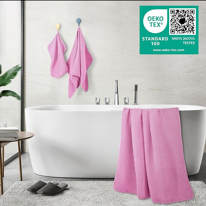POLYTE 430 GSM Poly Blend Microfiber Quick Dry Waffle Bath Towel Set of 6 | 2-Body Towels, 2-Hand Towels, 2-Wash cloths, Oversize, Lint Free
