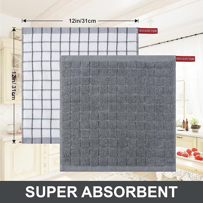 Homaxy Premium Cotton Kitchen Dish Cloths 12"x 12", 6 Pack, Grey | Natural Ring Spun 390 GSM Dish Rags, Super Absorbent Terry Dish Towels, Soft Dishcloths with Hanging Loop