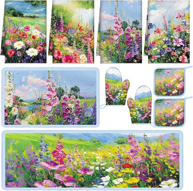 Fourluoo 10 Pcs Spring Kitchen Decor Sets Oil Painting Kitchen Towels Pot Holders Oven Mitts Floral Non Slip Rugs and Mats for Floor Home Accessories Cooking Baking Grilling