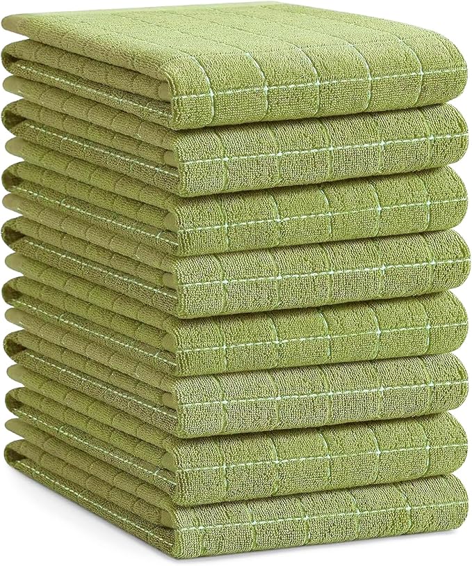Homaxy 100% Cotton Terry Kitchen Towels, Large 8 Pack, Olive Green | Ultra Soft and Absorbent Dish Towels for Kitchen, Suitable for Drying and Washing Dishes