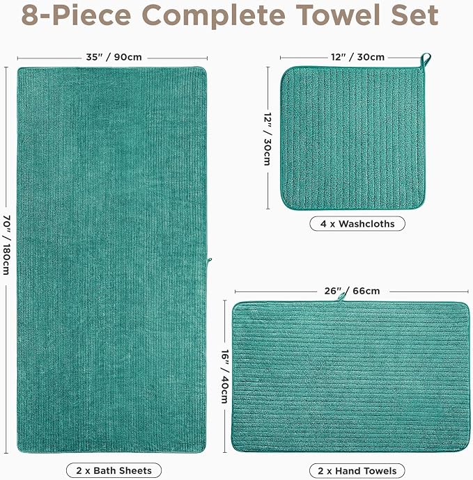 8 Piece Bath Towels Set, 2 Oversized 35 * 70 in Bath, 2 Hand, 4 Wash | Luxury Soft Microfiber, Super Absorbent Thick, Quick Dry, Shower Towels for Bathroom, Spa & Hotel, Teal Green