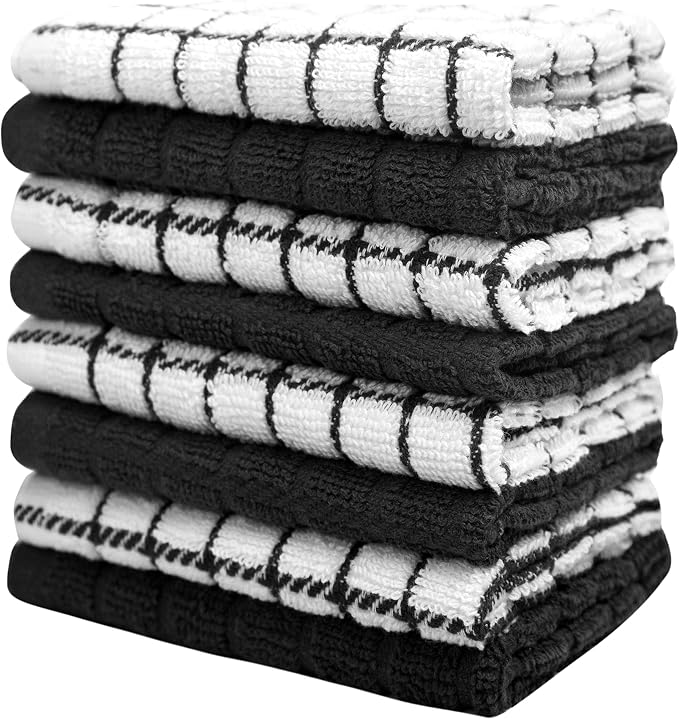 Bumble Dish Cloths (8-Pack), 100% Cotton Kitchen Towels, 12"x12" - Black | 405 GSM | Soft, Highly Absorbent & Durable Dish Towels for Kitchen