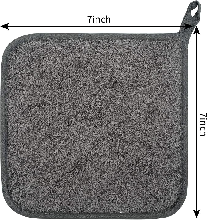 Pot Holders for Kitchen, 100% Cotton Terry Pot Holder Set of 5, Heat Resistant Hot Pads for Cooking, Baking, Hot Dishes and Countertop Protection, Mineral Gray