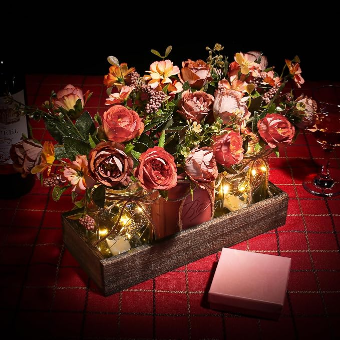 3 Pcs Mason Jar Centerpiece Table Decorations for Dining Table Decor Farmhouse Coffee Table Decor with Wood Tray and Led Light Table Centerpieces for Dining room Kitchen Living Bathroom,Orange | Rustic Farmhouse Decor for Home Décor Accents Kitchen Cou...