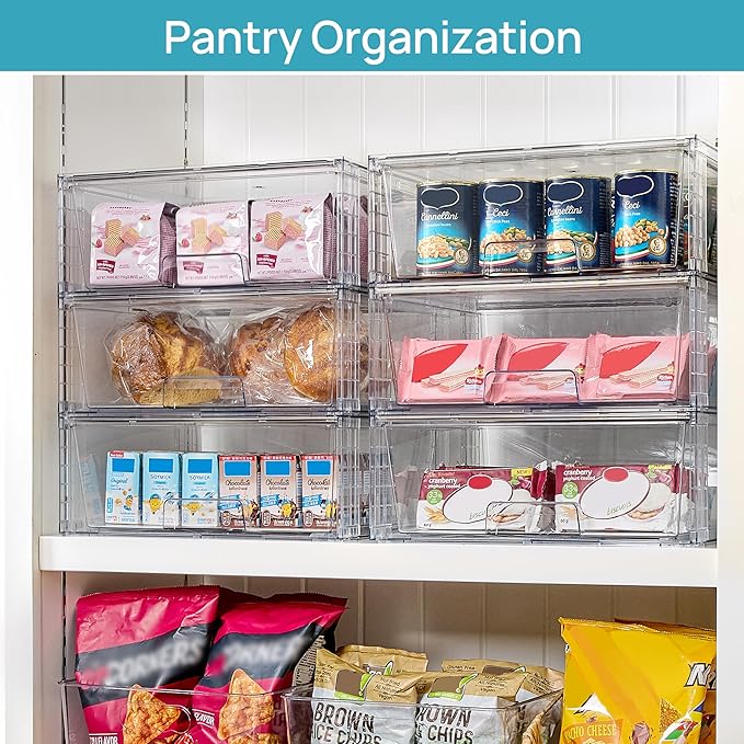Vtopmart 4 Pack Large Clear Stackable Storage Drawers for Closet, Pantry | Easily Assemble Bathroom Closet Undersink Organizers,Plastic Bins for Cabinet,Kitchen Pantry,Medicine Organization