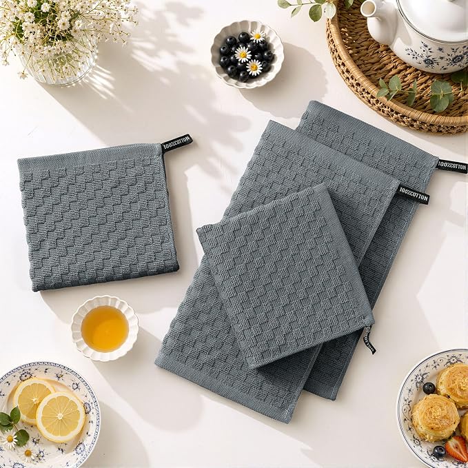 Homaxy 100% Cotton Terry Dish Cloths, 12"x12", 8-Pack, Dark Grey | Ultra Soft Absorbent Dish Towels with Hanging Loop, Pineapple Grid Designed
