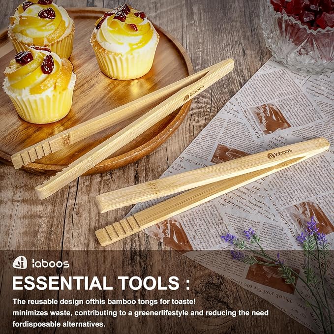 Magnetic Bamboo Toaster Tongs (Set of 2), 10.2-Inch Extra-Long Kitchen Tongs with Rebound-Construct & Anti-Slip Grip, Ideal for Cooking, BBQ, Serving - by LABOOS
