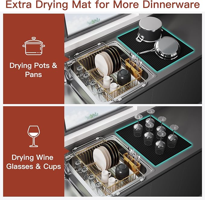 JASIWAY Gold Dish Drying Rack in Sink with Mat, Cups and Utensil Holder | Use Over the Sink or Counter, Stainless Steel Expandable Dish Drainer for Small Kitchen, Space Saving, Fast Drain, Rustproof