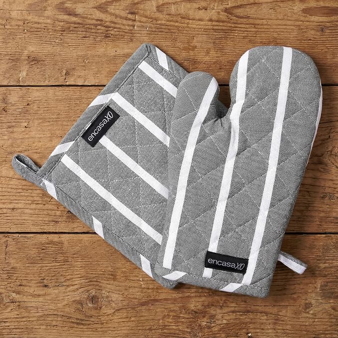 Encasa XO Oven Mitts and Pot Holders Set, Heat Resistant Cotton | Roma Grey Stripes, Diamond Quilted | Non-Slip Grip | Microwave & Oven Safe | Hanging Loop | Machine Washable | Set of 2