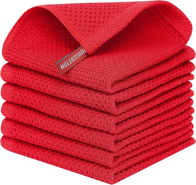 Kitinjoy 100% Cotton Kitchen Dish Cloths, 6 Pack Waffle Weave Ultra Soft Absorbent Dish Towels for Drying Dishes Quick Drying Kitchen Towels Dish Rags, 12 X 12 Inches, Red | Ultra Absorbent, Super Soft, lightweight, Quick Drying Dish Rags for Washing D...