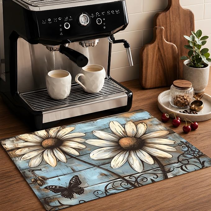 Daisy Stove Cover 28.3 x 20.5 Inches, Farmhouse Stove Top Protector, Heat Resistant Non Slip Glass Electric Stove Cover Board, Rustic Floral Kitchen Decor Mat (White sunflower)