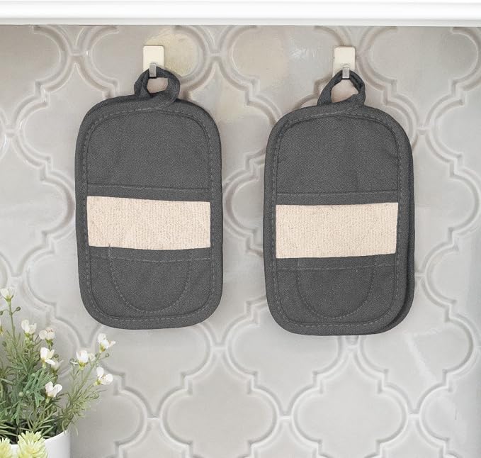 RITZ Premium Pot Holders & Heating Pads (4-Pack), 8.5" x 5.5", Heat Resistant, 100% Cotton Terry-Looped Pocket, Kitchen and Barbeque, Graphite