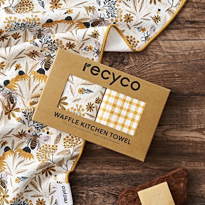 RECYCO Waffle Kitchen Towel Set of 2 - Quick Dry Microfiber Sustainable Dish Towels - Ultra Absorbent Reusable Cleaning Tea Towels - Lightweight Hand Towels,16”x 28”, Joyful Bees