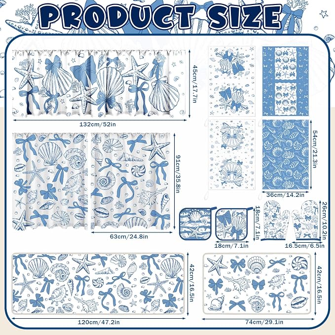 13 Pcs Beach Kitchen Decor Set 3 Seashell Kitchen Curtains Valance 2 Blue Bow Rugs and Mats 4 Coastal Hand Towels 2 Pot Holders 2 Oven Mitts for Summer Home Decor Cooking Grilling Housewarming Gift