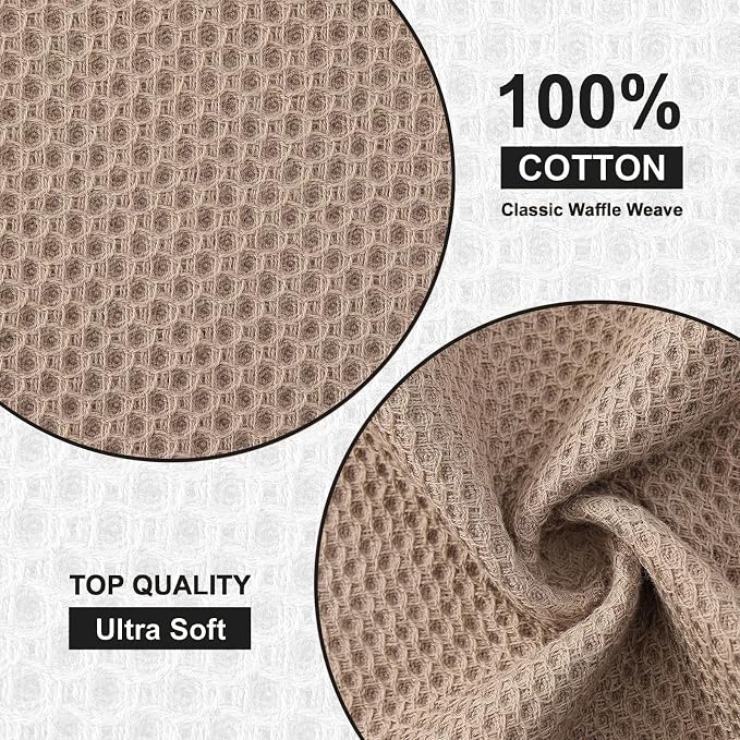 Kitinjoy 100% Cotton Waffle 6-Pack Kitchen Towels, 12" x 12", Tan | Ultra Absorbent, Super Soft, lightweight, Quick Drying Dish Rags for Washing Dishes
