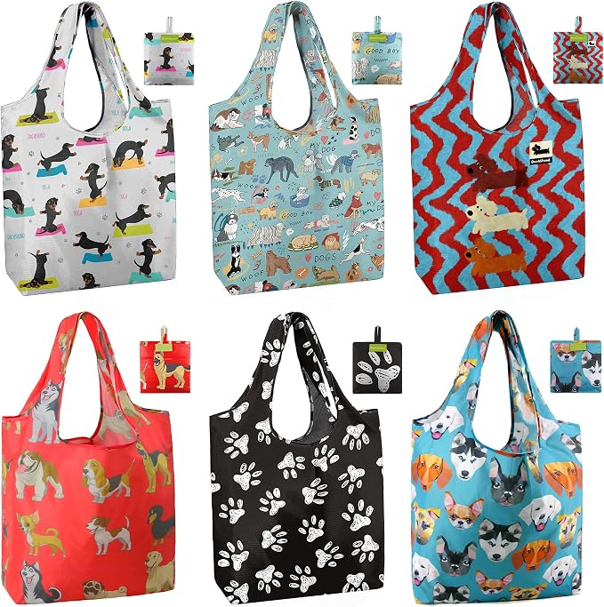 BeeGreen Dog Reusable Shopping Bags Cute Grocery Bag 6 Pack, Christmas Gift Bags Heavy-Duty Foldable Shopping Totes for Supermarket, Work & Travel, Large Washable Polyester Tote Bag with Handles