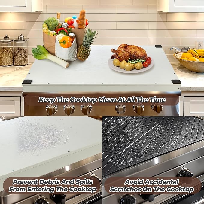 WOLKI Noodle Board Stove Covers for Gas Burners, 30"L x 22"W x 2.5"Th Heavyweight Stove Top Covers for Electric Stove, Buil-in Handles, RV Stove Cover, Sink Cover, Wooden Serving Tray (White)