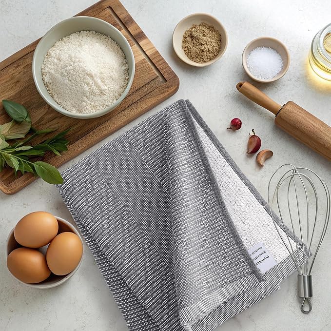 Mordimy Premium Large Cotton Kitchen Towels (18"x 28", 6 Pack), Grey | 100% Ring Spun Cotton, Super Absorbent, 380 GSM, Flat & Terry, Soft, Hanging Loop Dish Towels