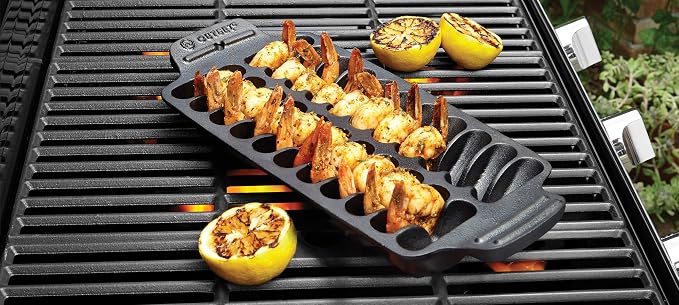 Outset Shrimp Cast Iron Grill and Serving Pan, Black, 22 Grilled Shrimp Capacity
