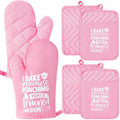 6Pcs Cotton Oven Mitts Pot Holders Funny Women Resistant Hot Pads Machine Washable Microwave Gloves with Hanging Loop Pocket Potholder for Kitchen Baking Cooking GrillingPink