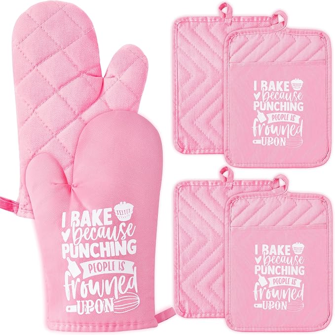 6Pcs Cotton Oven Mitts Pot Holders Funny Women Resistant Hot Pads Machine Washable Microwave Gloves with Hanging Loop Pocket Potholder for Kitchen Baking Cooking GrillingPink