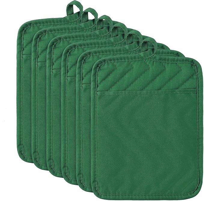 R HORSE 6 Pack Green Pot Holders for Kitchen with Pockets, 7''x 9'' | Cotton Kitchen Potholder, Heat Resistant Oven Mitts, Non-Slip Hot Pads Terry Cloth, Ideal for Cooking, Baking, Christmas Gift