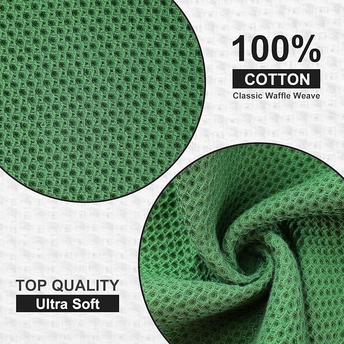 Kitinjoy 100% Cotton Waffle 6-Pack Kitchen Towels, 12" x 12", Grass Green | Ultra Absorbent, Super Soft, lightweight, Quick Drying Dish Rags for Washing Dishes