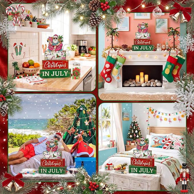 Lineshading 4 Pcs Christmas in July Table Decor Summer Santa Wooden Signs | Tropical Christmas Tiered Tray Decor Farmhouse Stacked Santa Flamingo Palm Tree Beach Party Supplies Shelf Home Office