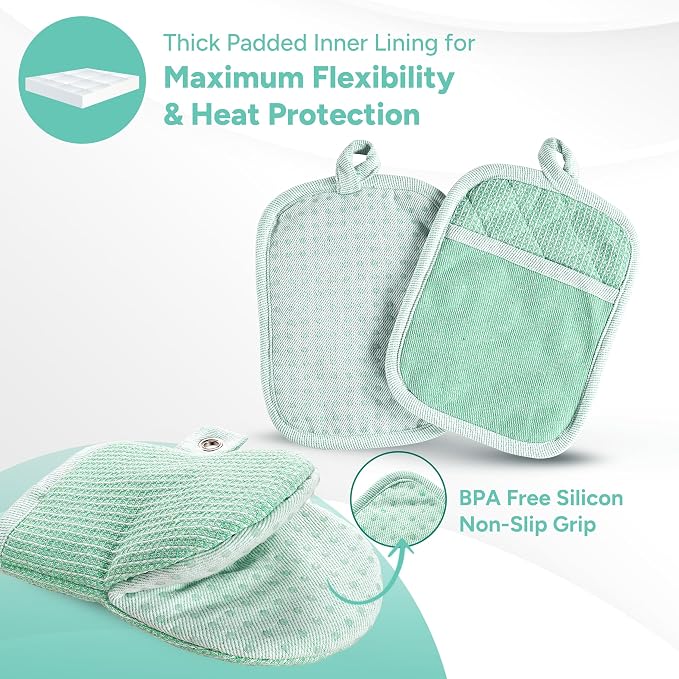 Casa Platino Potholders & Oven Mitts Heat Resistant, 8-Piece Mini Oven Mitt with Silicone Grip, Potholder for Kitchens, 2 Kitchen Towels & 2 Dish Cloths – Durable & Non-Slip – Sage