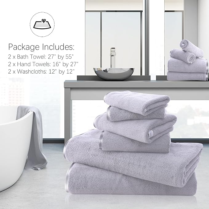 TENSTARS Luxury Silk Hemming Towel Set - Light Thin Quick Drying - 2 Bath Towels 2 Hand Towels 2 Washcloths - Ultra Soft Microfiber Towel for Bath Fitness, Sports, Yoga, Travel (Light Grey 6 Pieces)