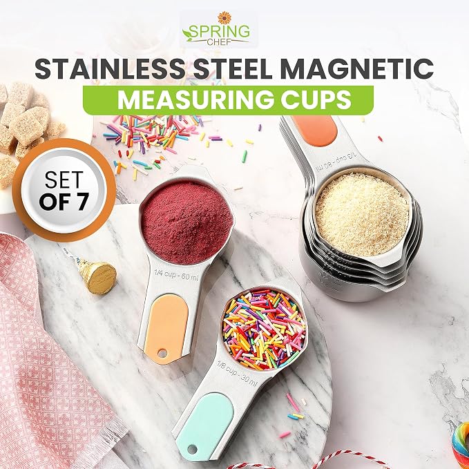 Spring Chef Magnetic Stainless Steel Measuring Cups Set of 7, Desert Sunset | Patented Metal Measuring Cups for Measuring Dry or Liquid Ingredients, Easy to Read Markings, Dishwasher Safe Magnetic Cups
