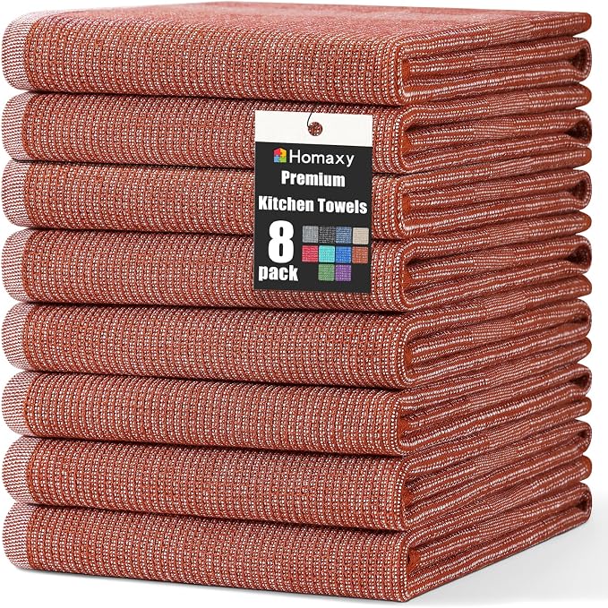 Homaxy 380 GSM Cotton Premium Kitchen Towels 8 Pack, 18"x 28", Rust | Flat and Terry Dish Towels, Highly Absorbent Tea Towel Set with Hanging Loop, Soft Utility Kitchen Hand Towels