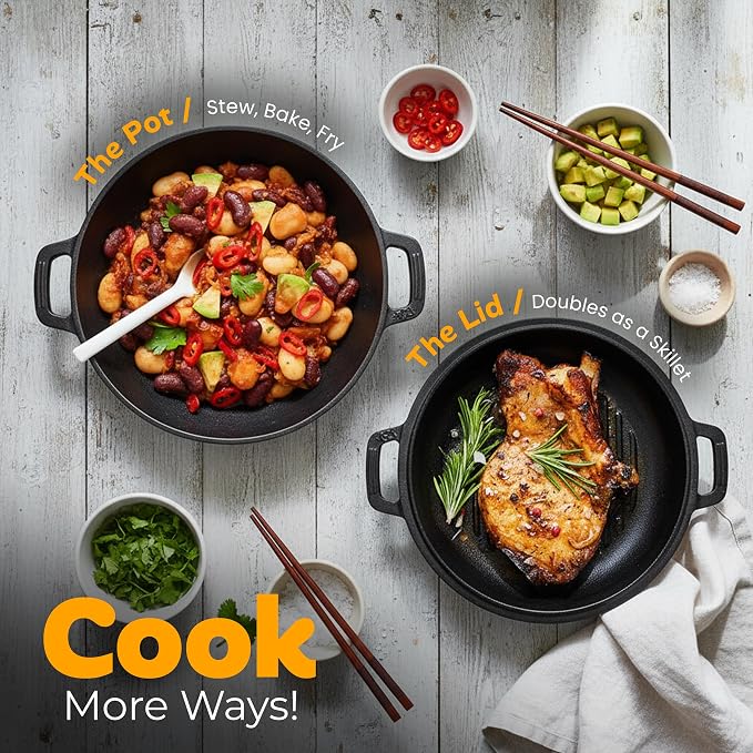 KICHLY Cast Iron Dutch Oven 5 QT with Skillet Lid Pre-Seasoned PFAS-Free | Dual Purpose Skillet Lid, Griddle Pan Included, Bread Baking, Roasting, Grilling, Camping Use, Heavy Duty