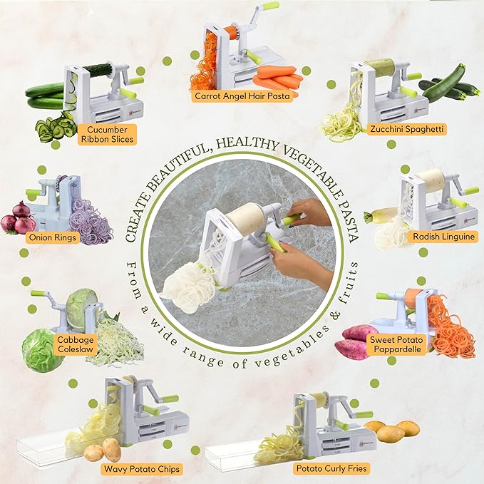 Brieftons 7-Blade Vegetable Spiralizer: Veggie Noodle Maker with Curly Fry & Crinkle Chip Blades, Catch Container, Keep-Fresh Lid, Blade Caddy, 4 eBooks | Low Carb, Vegan, Gluten-Free, Keto, Paleo