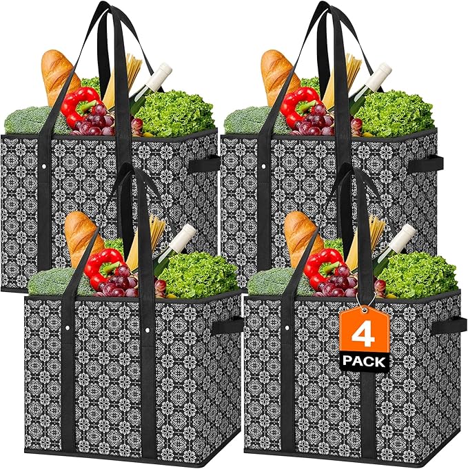 Reusable Grocery Bags 4 Pack, Foldable & Water Resistant Shopping Bags | Large Grocery Tote Bag Water Resistant Shopping Bags Foldable Grocery Bag for Clothes,Shoes and Picnic