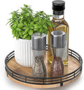 AMH 9-Inch Farmhouse Oak Lazy Susan Cabinet Organizer | Smooth rotating oak tray with walnut finish for dining tables, kitchen counters, pantries and cabinet storage.